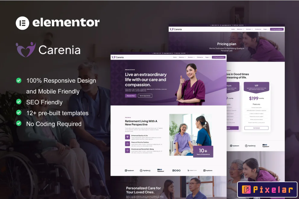 Carenia - Kit de Plantillas Elementor para Servicios de Atención Domiciliaria y Enfermería 🩺🏠