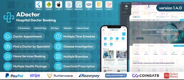 ADoctor - Aplicación para Android e iOS de reserva de médicos en hospitales | Sitio web | Panel Admi
