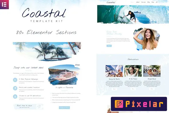 Coastal Travel & Surf Grunge - Kit de Plantillas Elementor para Turismo y Estilo de Vida Surf